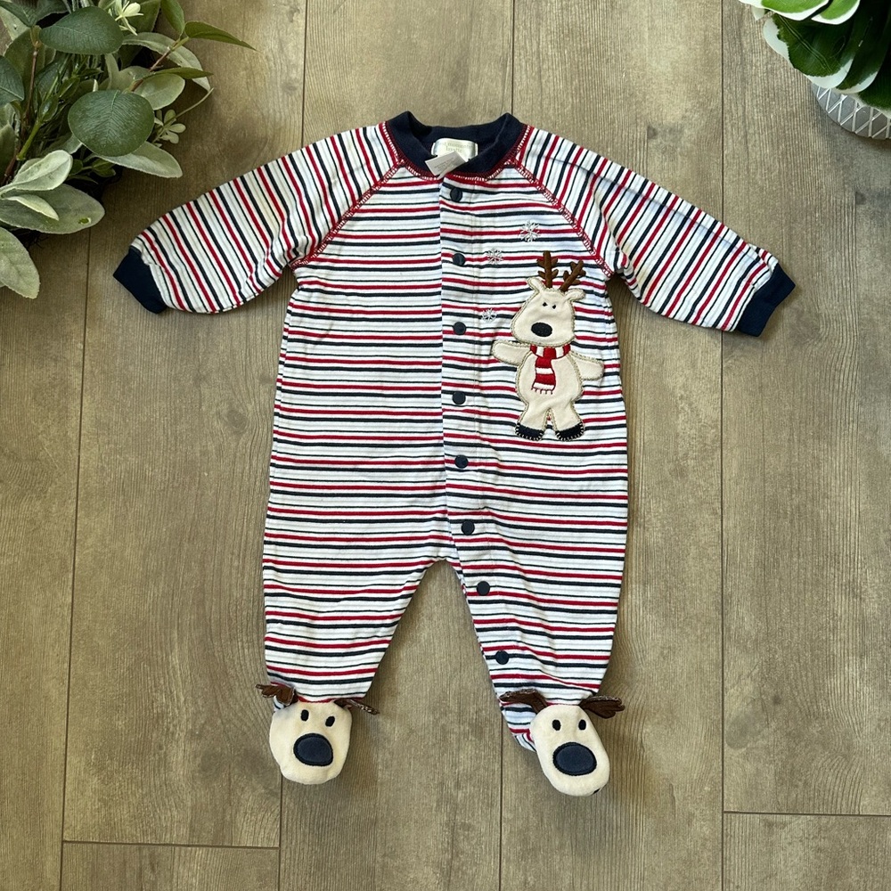 Vintage Baby Boy Outfit First Moments Layette Striped Reindeer Footies One Piece